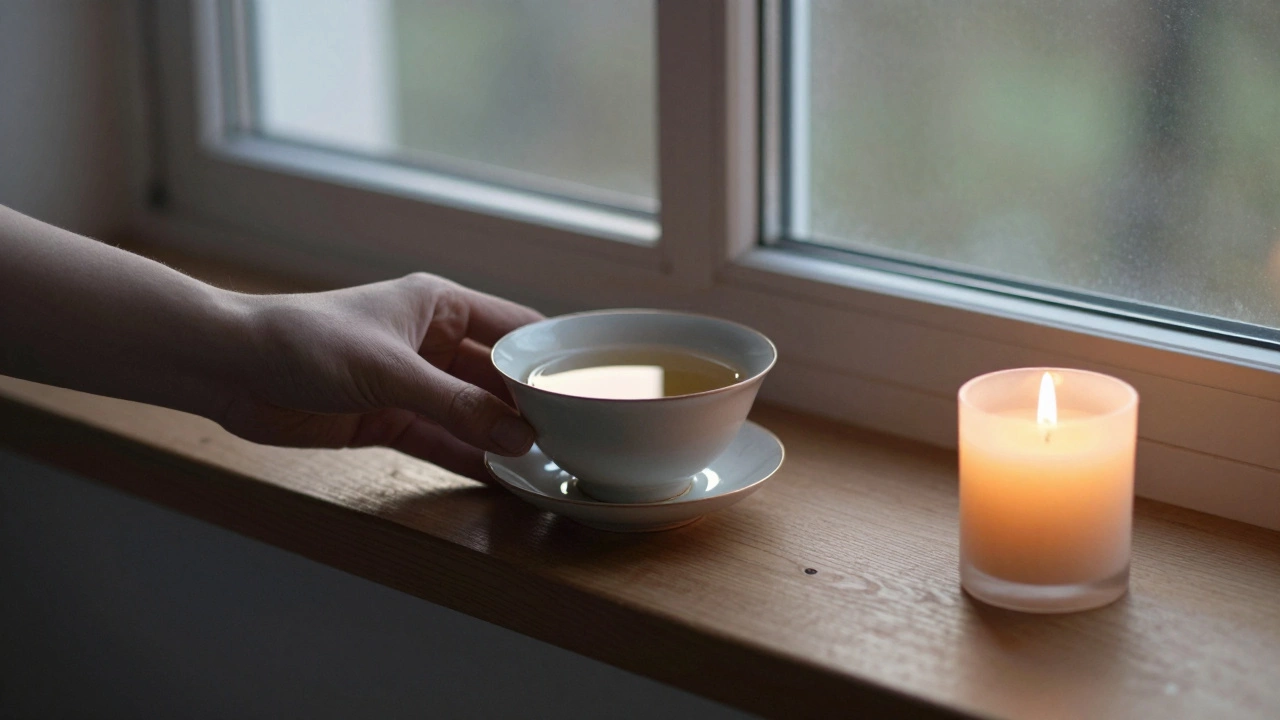 A teacup and candle on a windowsill at dawn, symbolizing quiet presence and calm.