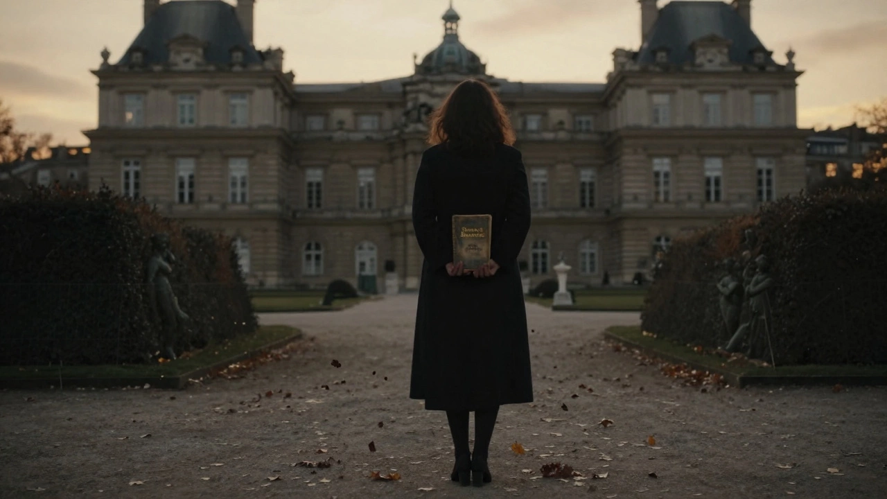 A woman stands alone in Luxembourg Gardens at sunset, holding a classic French book.