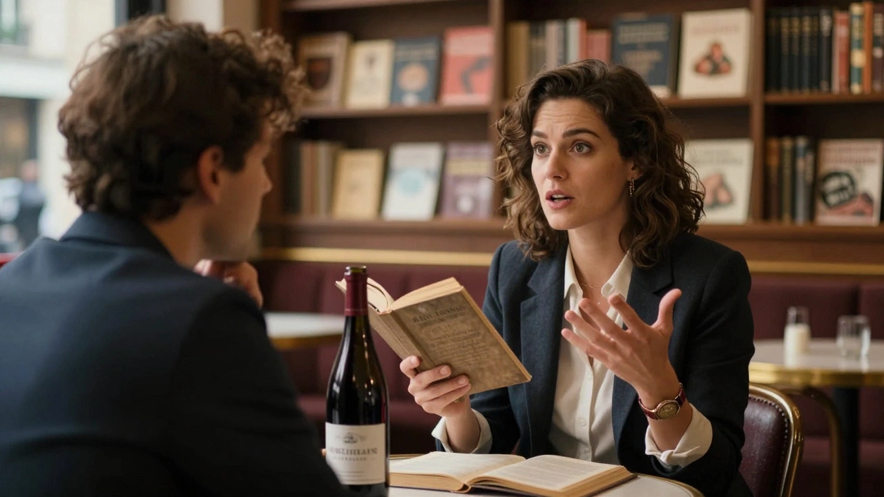 Two people share a quiet moment over wine in a Parisian bistro filled with French books.